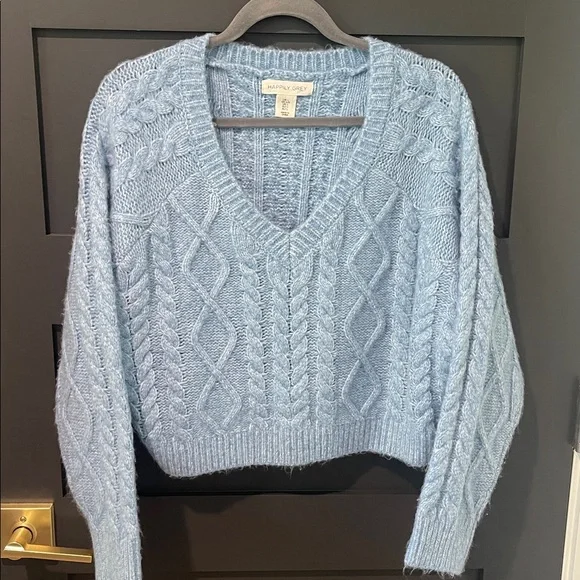Happily Grey Cropped Heather Light Blue CottageCore Cable knit Sweater Size L - Picture 2 of 5